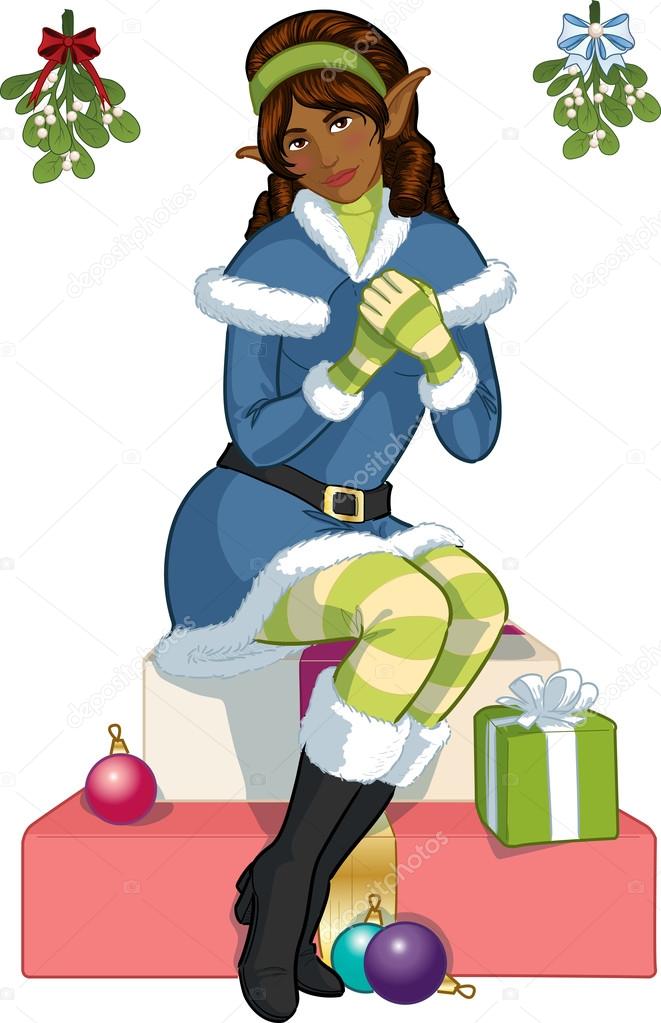 Christmas elf African American girl with mistletoe cartoon