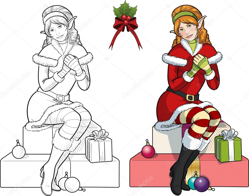 Elf Girl Lineart Christmas Elf Red Caucasian Girl With