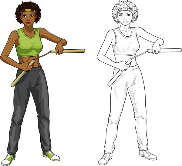 Afro-americano Nunchuck chica en uniforme deportivo — Vector de stock