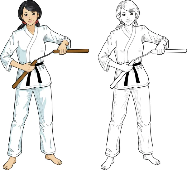 Asiatiska Nunchuck flickan i karategi — Stock vektor