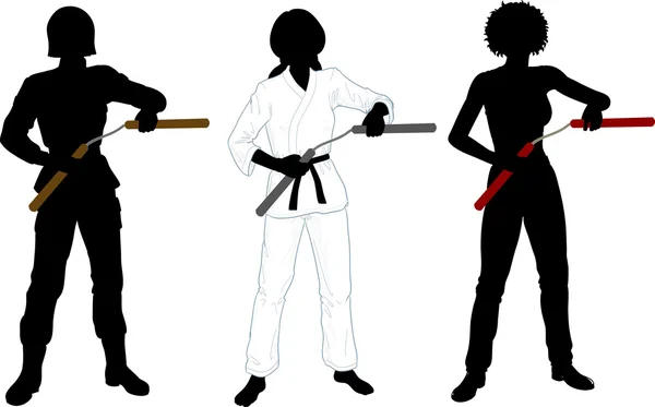 Nunchuck meisje in uniforme set van silhouetten — Stockvector