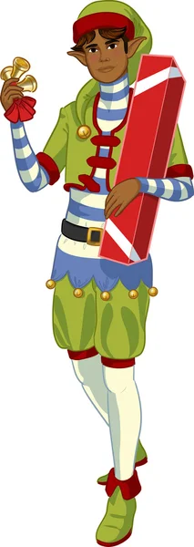 Navidad elfo afroamericano chico con regalo — Archivo Imágenes Vectoriales