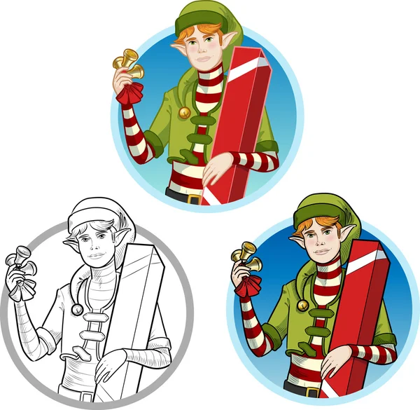 Christmas elf Caucasian boy with gift set — Stock Vector