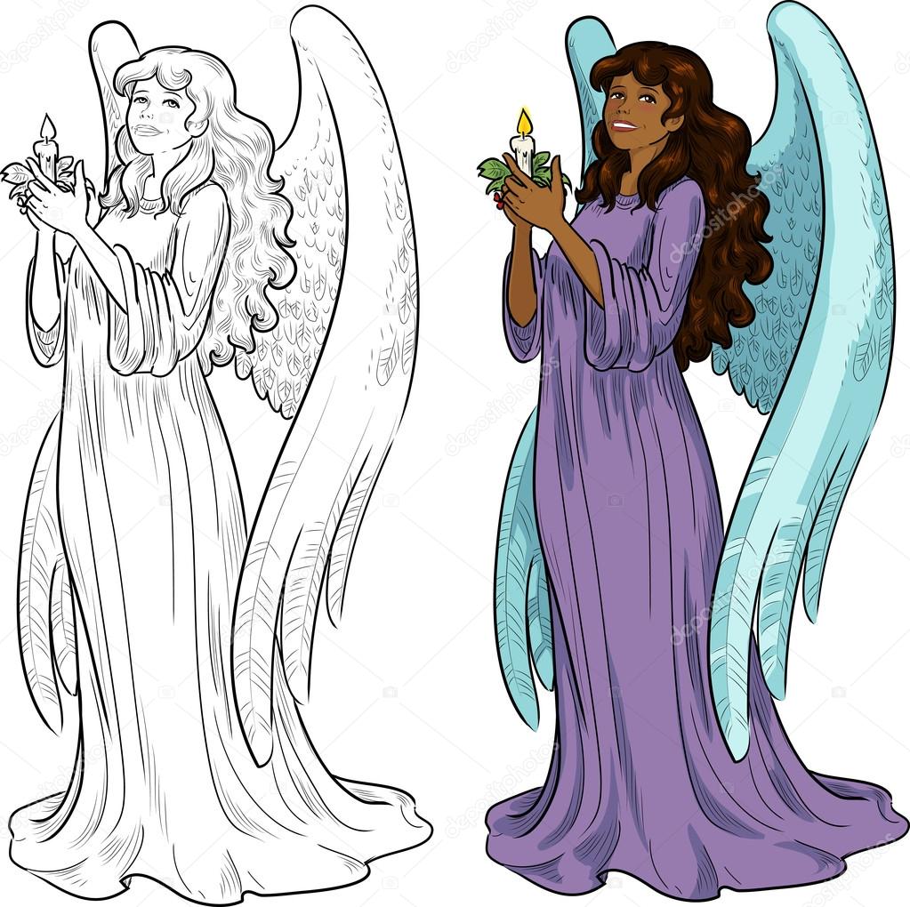 Beautiful African American female angel with candle