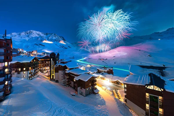 Val Thorens Savoie Mont Blanc Frankrijk December 2017 Vuurwerk Panorama — Stockfoto