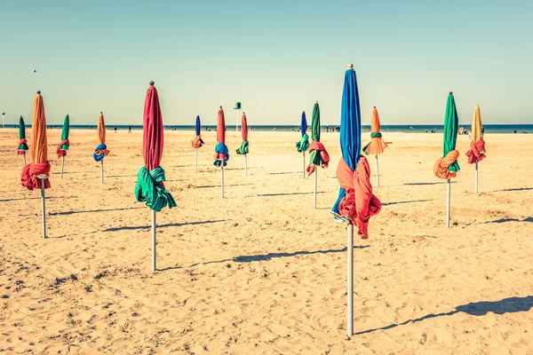 Deauville Beach ünlü renkli şemsiye — Stok fotoğraf