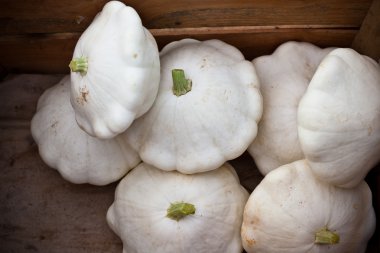 White custard marrows in a wooden box