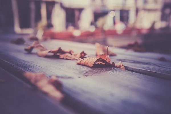 Hojas caídas de otoño sobre una mesa de madera —  Fotos de Stock