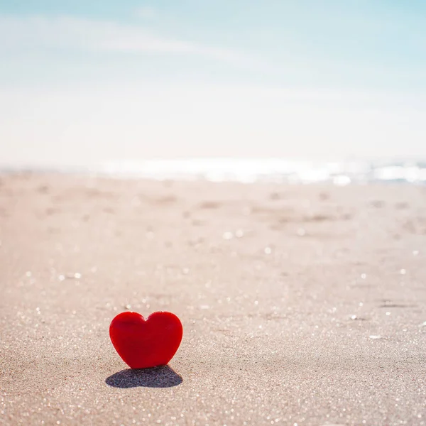 バレンタインデーのコンセプト コピースペースと砂浜の赤いハートのロマンチックな愛のシンボル インスピレーション作品のテンプレートと引用ポストカード ストック画像