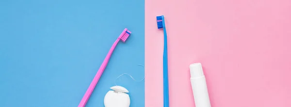 Teeth Hygiene Oral Dental Care Products Color Pink Blue Background — Stock Photo, Image