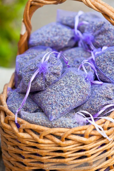 Dried lavender sachets basket — Stock Photo, Image