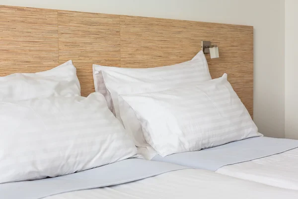 Prepared fresh bed, scene in hotel room — Stock Photo, Image