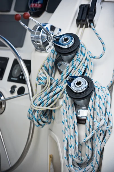 Winches and ropes, sailing yacht detail — Stock Photo, Image