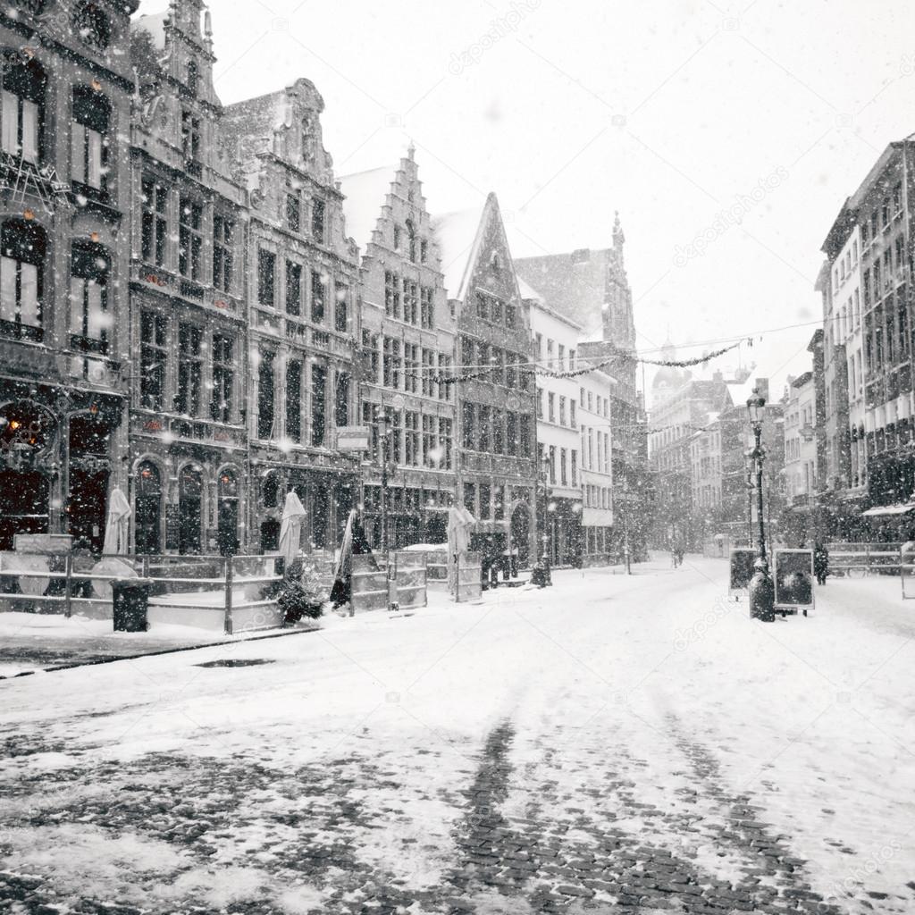 Antwerp at winter snowstorm