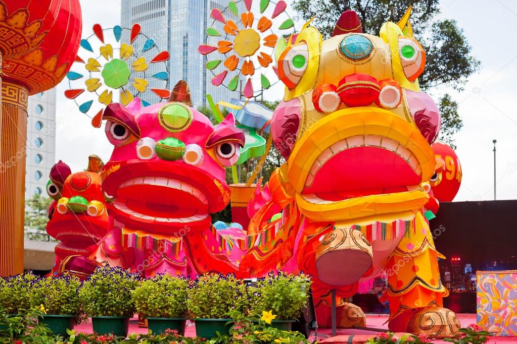 Park with traditional decoration dragons