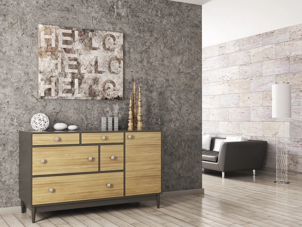 Дерев'яна шафа проти бетонної стіни 3d візуалізація — стокове фото