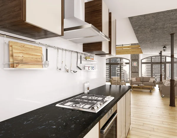 Cocina moderna interior 3d render —  Fotos de Stock