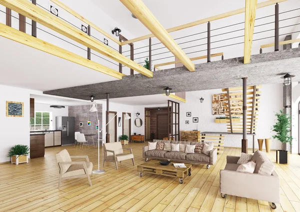 Loft apartament wnętrz 3d renderowania — Zdjęcie stockowe