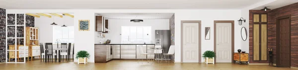 Moderno apartamento interior panorama 3d render — Fotografia de Stock