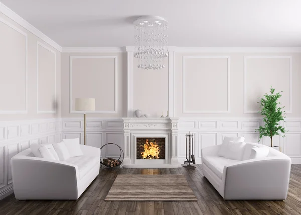 Classic interior of living room with sofas and fireplace 3d rend — Stock Photo, Image