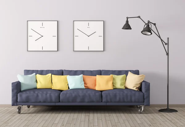 Сучасний інтер'єр вітальні з диваном і торшером 3d візуалізація — стокове фото