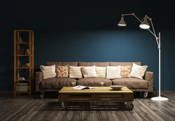 Moderno interno serale del soggiorno rendering 3d — Foto Stock
