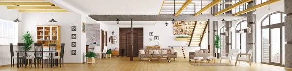 Moderní podkrovní byt interiér panorama 3d vykreslení — Stock fotografie