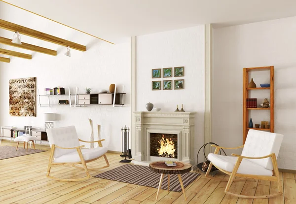 Interior of lounge room with fireplace 3d render — Stock Photo, Image