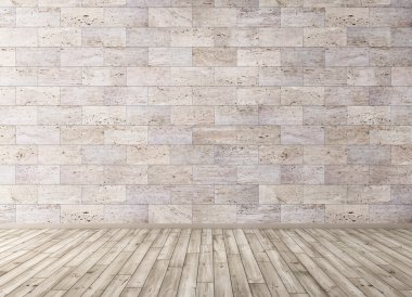 İç taşlı duvar ve ahşap zemin 3d render döşer