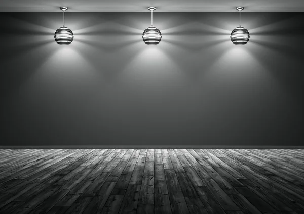 三个灯反对的黑墙背景 3d 渲染 — 图库照片