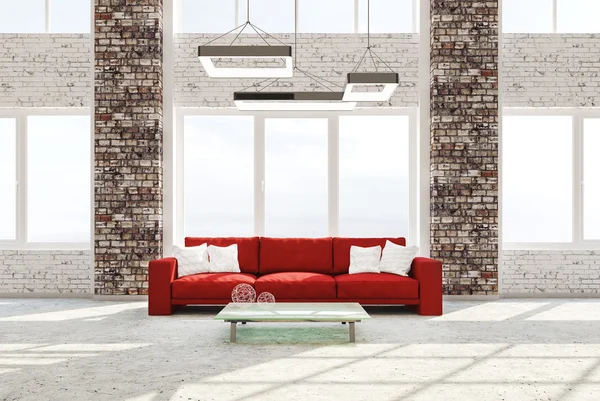 Innenraum des Wohnzimmers mit rotem Sofa 3D-Rendering — Stockfoto