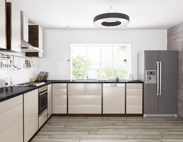 Moderna cozinha interior 3d renderização — Fotografia de Stock