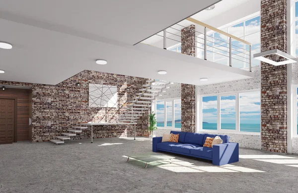 Interiér obývacího pokoje s modrou pohovkou 3d vykreslování — Stock fotografie