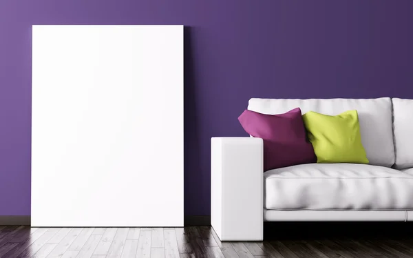 Interiér obývacího pokoje s plakátem a pohovka 3d vykreslování — Stock fotografie