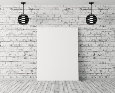 Poster ve tuğla duvar 3d render üzerinden iki lamba ile iç