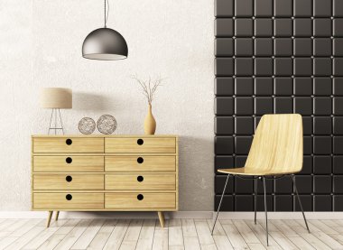 İç ahşap dolap ve sandalye 3d render ile