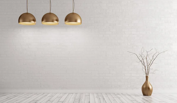 Room with metal brass lamps over white brick wall 3d rendering — Stock Photo, Image