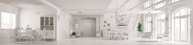 Modern beyaz loft daire iç panorama 3d render