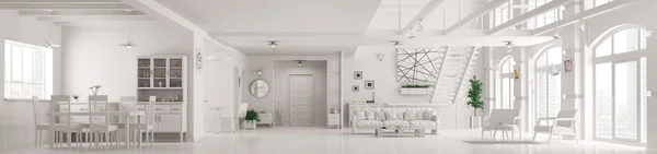 Современный белый лофт квартира внутренняя панорама 3D рендеринг — стоковое фото