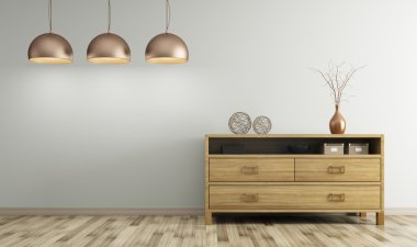 Modern iç ahşap şifoniyer 3d render ile oturma odası