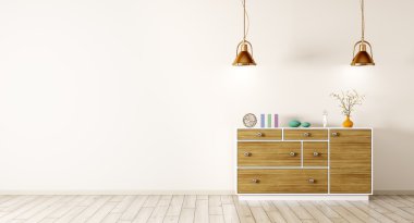 Modern iç ahşap şifoniyer 3d render ile oturma odası