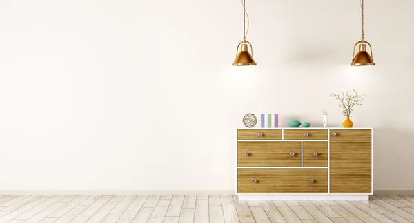 Intérieur moderne du salon avec commode en bois rendu 3d — Photo