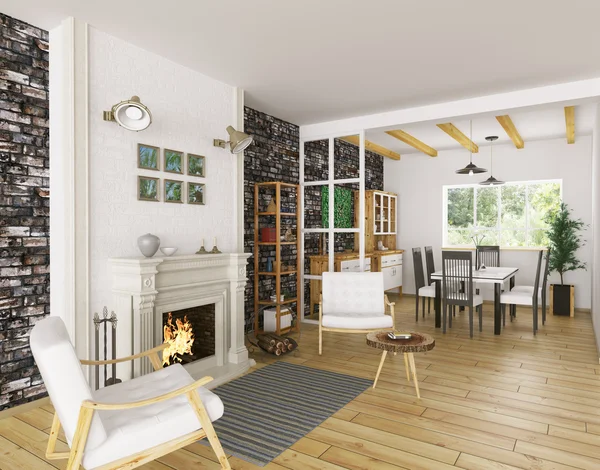 Interior da sala de estar com lareira 3D renderização — Fotografia de Stock