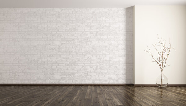 Habitación con pared de ladrillo y jarrón de vidrio 3d renderizado — Foto de Stock