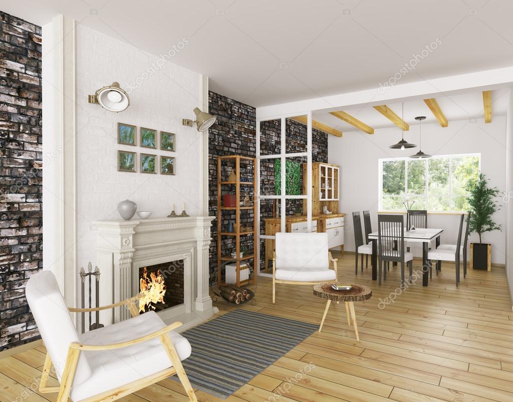 Interieur van woonkamer met open haard 3D-rendering — Stockfoto ... Interieur van woonkamer met open haard 3D-rendering — Stockfoto ...