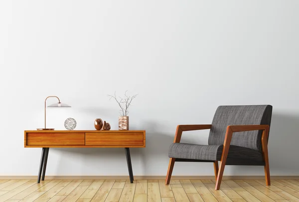 Interno con tavolino e poltrona in legno rendering 3d — Foto Stock