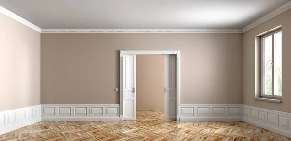Klasický Interiér Prázdného Bytu Dveřní Okno Béžové Stěny Bílým Obložením — Stock fotografie