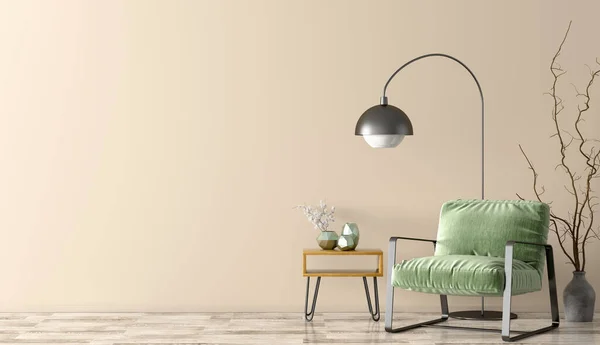 Interieur Des Wohnzimmers Mit Couchtisch Und Grünem Sessel Wohndesign Rendering — Stockfoto