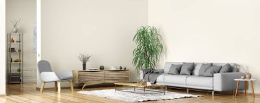 İskandinav apartmanının modern iç tasarımı, gri kanepeli oturma odası, büfe ve koltuk, ev yapımı 3D