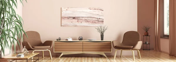 现代客厅的室内设计 木制餐具柜和两张扶手椅 家用3D渲染 — 图库照片